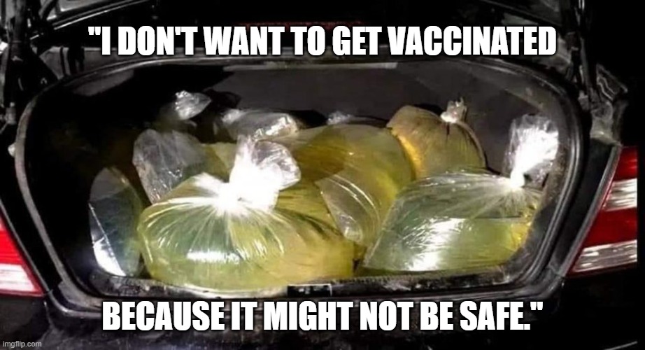 "I DON'T WANT TO GET VACCINATED; BECAUSE IT MIGHT NOT BE SAFE." | image tagged in gasoline,hoarding,vaccines | made w/ Imgflip meme maker