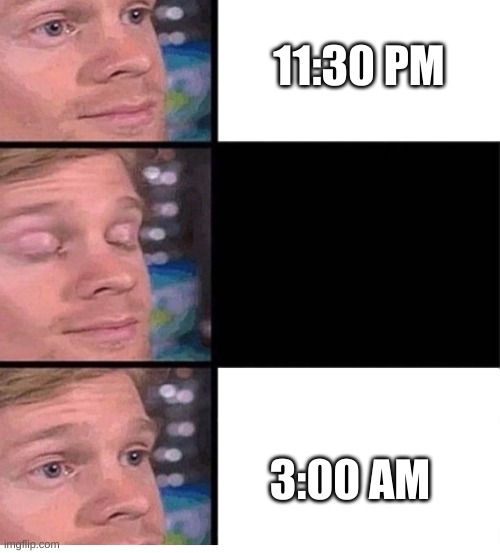 me every night | 11:30 PM; 3:00 AM | image tagged in blinking guy vertical blank,no sleep | made w/ Imgflip meme maker