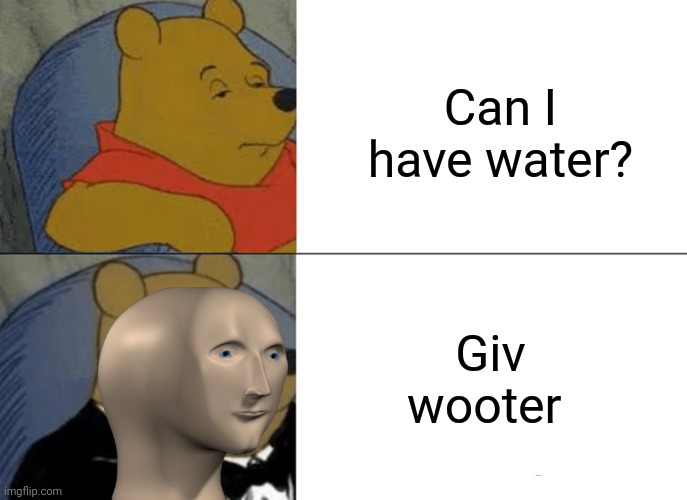 wooter | Can I have water? Giv wooter | image tagged in memes,tuxedo winnie the pooh | made w/ Imgflip meme maker