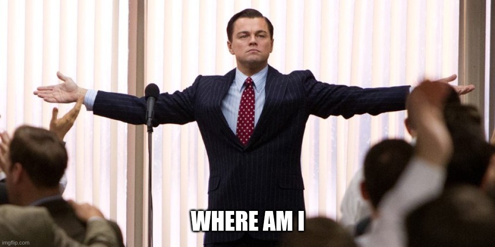 Wolf of Wall Street - I'm not leaving | WHERE AM I | image tagged in wolf of wall street - i'm not leaving | made w/ Imgflip meme maker