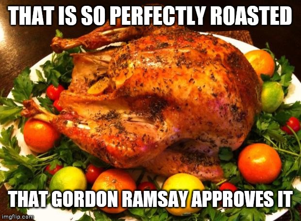 Roasted turkey | THAT IS SO PERFECTLY ROASTED THAT GORDON RAMSAY APPROVES IT | image tagged in roasted turkey | made w/ Imgflip meme maker