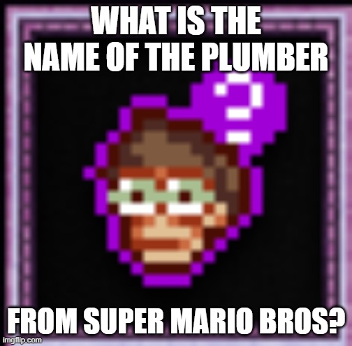 Confused Orteil | WHAT IS THE NAME OF THE PLUMBER; FROM SUPER MARIO BROS? | image tagged in confused orteil | made w/ Imgflip meme maker