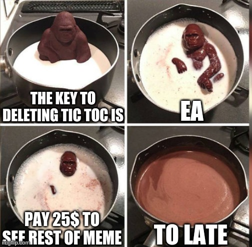 i couldent get my wallet fast enough | THE KEY TO DELETING TIC TOC IS; EA; TO LATE; PAY 25$ TO SEE REST OF MEME | image tagged in hey kid i don't have much time | made w/ Imgflip meme maker