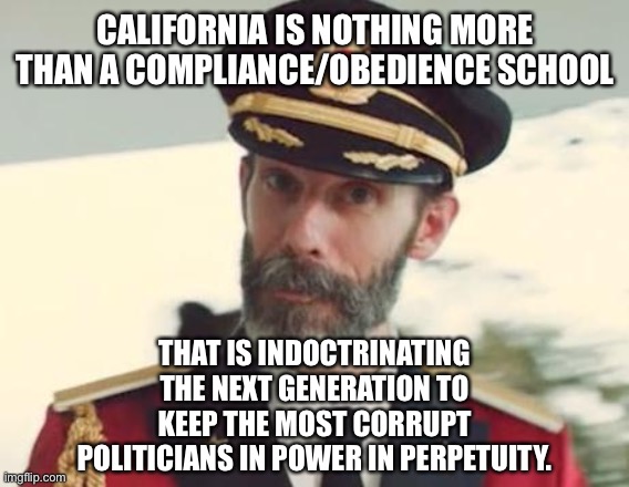 California is an obedience school | CALIFORNIA IS NOTHING MORE THAN A COMPLIANCE/OBEDIENCE SCHOOL; THAT IS INDOCTRINATING THE NEXT GENERATION TO KEEP THE MOST CORRUPT POLITICIANS IN POWER IN PERPETUITY. | image tagged in captain obvious,memes,california,liberal logic,politicians,vote | made w/ Imgflip meme maker