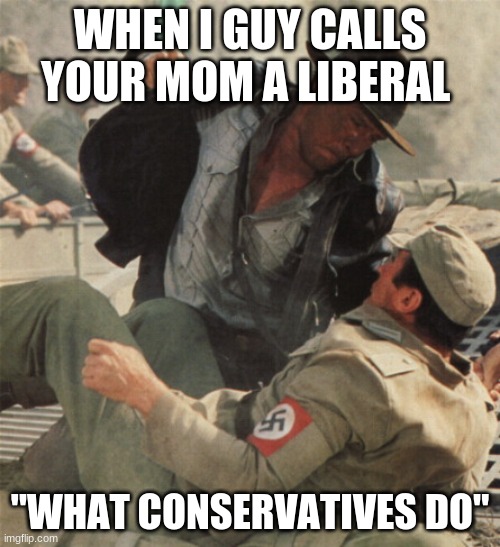 How different political views sort out there problems | WHEN I GUY CALLS YOUR MOM A LIBERAL; "WHAT CONSERVATIVES DO" | image tagged in indiana jones punching nazis,politics,liberals,conservative,democrats,republicans | made w/ Imgflip meme maker