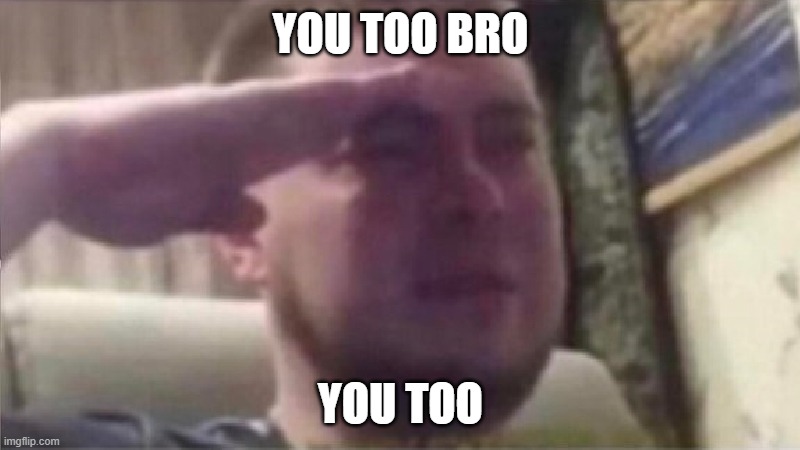 Crying Salute | YOU TOO BRO YOU TOO | image tagged in crying salute | made w/ Imgflip meme maker