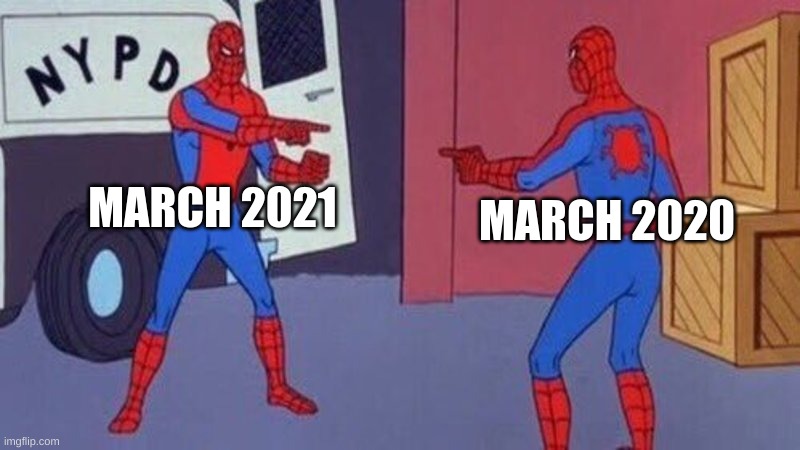They are the same! | MARCH 2021; MARCH 2020 | image tagged in spiderman pointing at spiderman,lockdown,corona virus,march was the worst,oof size large,repost | made w/ Imgflip meme maker