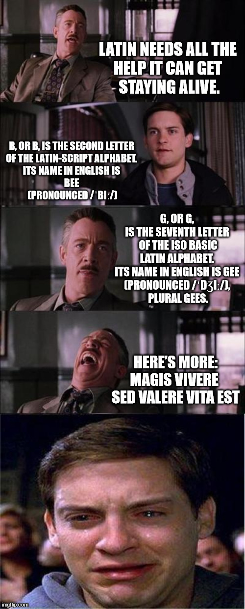 Spider v Latin Killer Bee (and Gees) | LATIN NEEDS ALL THE 
HELP IT CAN GET 
STAYING ALIVE. B, OR B, IS THE SECOND LETTER 
OF THE LATIN-SCRIPT ALPHABET. 
ITS NAME IN ENGLISH IS 
BEE 
(PRONOUNCED /ˈBIː/); G, OR G, 
IS THE SEVENTH LETTER 
OF THE ISO BASIC LATIN ALPHABET. 
ITS NAME IN ENGLISH IS GEE 
(PRONOUNCED /ˈDƷIː/), 
PLURAL GEES. HERE’S MORE:
MAGIS VIVERE 
SED VALERE VITA EST | image tagged in memes,peter parker cry | made w/ Imgflip meme maker