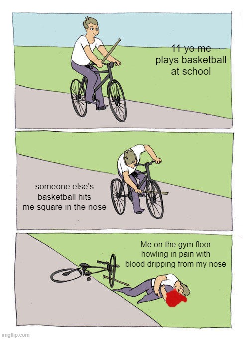 Why I never play basketball | 11 yo me plays basketball at school; someone else's basketball hits me square in the nose; Me on the gym floor howling in pain with blood dripping from my nose | image tagged in memes,bike fall | made w/ Imgflip meme maker
