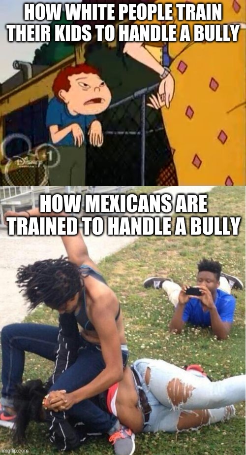 no racism intended |  HOW WHITE PEOPLE TRAIN THEIR KIDS TO HANDLE A BULLY; HOW MEXICANS ARE TRAINED TO HANDLE A BULLY | image tagged in recess randle tattling to ms finster,guy recording a fight | made w/ Imgflip meme maker