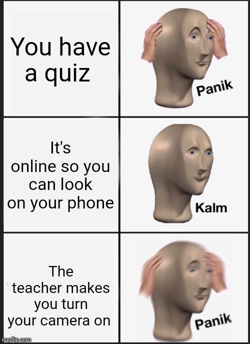 No | You have a quiz; It's online so you can look on your phone; The teacher makes you turn your camera on | image tagged in memes,panik kalm panik | made w/ Imgflip meme maker