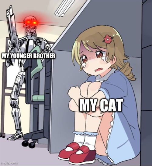 Anime Girl Hiding from Terminator | MY YOUNGER BROTHER; MY CAT | image tagged in anime girl hiding from terminator | made w/ Imgflip meme maker