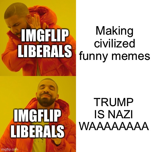 Just calling it how I see it | Making civilized funny memes; IMGFLIP LIBERALS; TRUMP IS NAZI WAAAAAAAA; IMGFLIP LIBERALS | image tagged in memes,drake hotline bling,trump,liberals,nazi,not funny | made w/ Imgflip meme maker