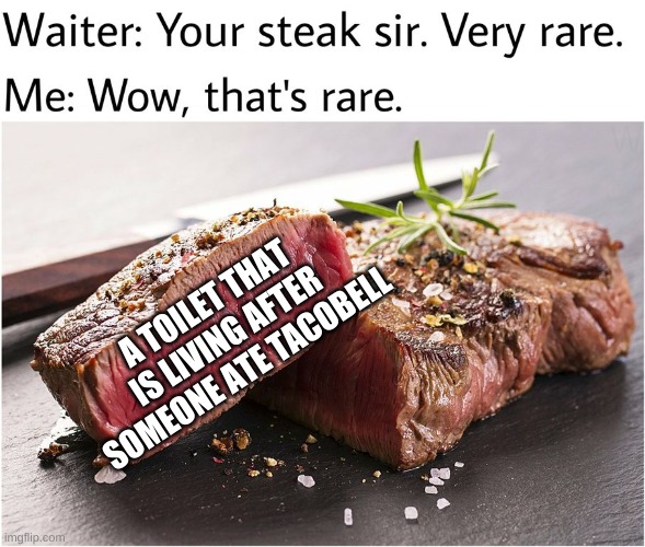 rare steak meme | A TOILET THAT IS LIVING AFTER SOMEONE ATE TACOBELL | image tagged in rare steak meme | made w/ Imgflip meme maker