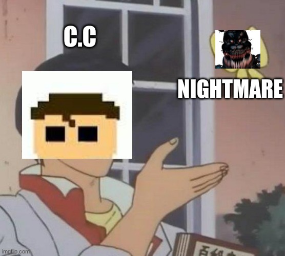 Is This A Pigeon Meme | C.C; NIGHTMARE | image tagged in memes,is this a pigeon | made w/ Imgflip meme maker