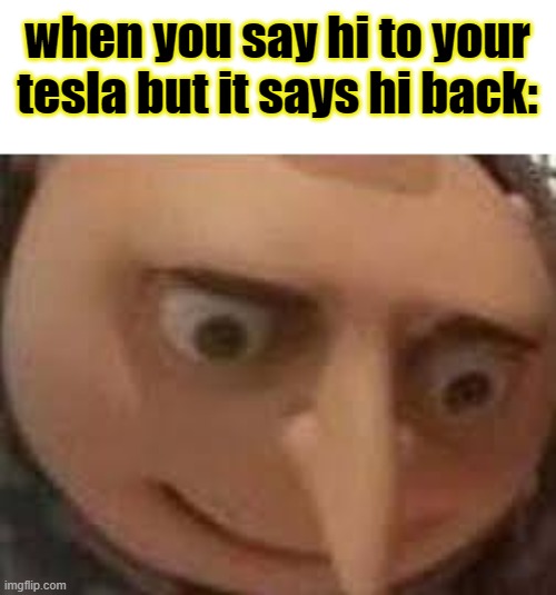 hmmm | when you say hi to your tesla but it says hi back: | image tagged in gru face | made w/ Imgflip meme maker