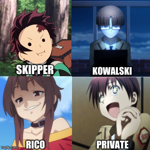 Penguins Potrayed by Anime | SKIPPER; KOWALSKI; RICO; PRIVATE | image tagged in anime | made w/ Imgflip meme maker