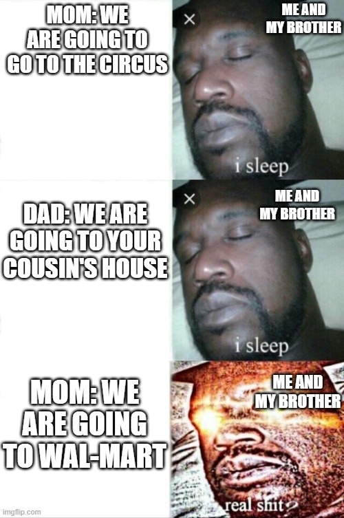 ME AND MY BROTHER; MOM: WE ARE GOING TO GO TO THE CIRCUS; DAD: WE ARE GOING TO YOUR COUSIN'S HOUSE; ME AND MY BROTHER; MOM: WE ARE GOING TO WAL-MART; ME AND MY BROTHER | image tagged in sleeping shaq,memes,back in my day | made w/ Imgflip meme maker