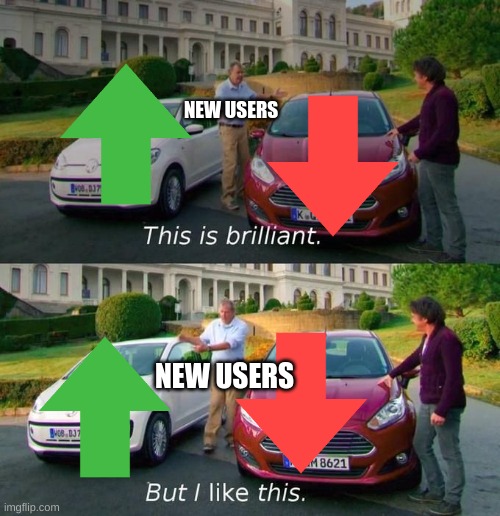 they take your upvotes and give you downvotes | NEW USERS; NEW USERS | image tagged in this is brilliant but i like this | made w/ Imgflip meme maker