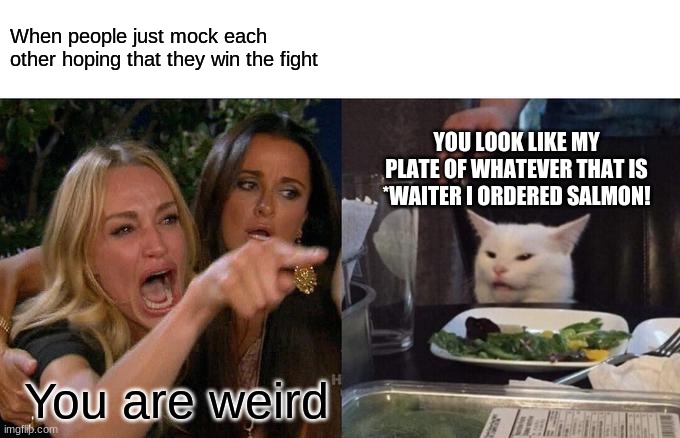 Woman Yelling At Cat Meme | When people just mock each other hoping that they win the fight; YOU LOOK LIKE MY PLATE OF WHATEVER THAT IS *WAITER I ORDERED SALMON! You are weird | image tagged in memes,woman yelling at cat | made w/ Imgflip meme maker