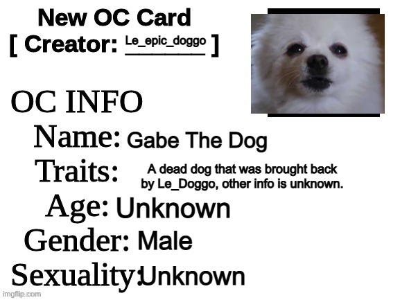 If this triggers you for some reason, sorry | Le_epic_doggo; Gabe The Dog; A dead dog that was brought back by Le_Doggo, other info is unknown. Unknown; Male; Unknown | image tagged in new oc card id | made w/ Imgflip meme maker