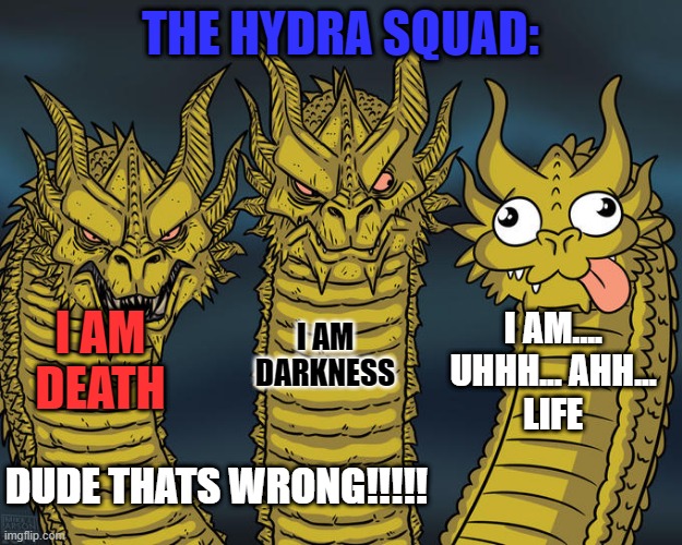 thats wrong |  THE HYDRA SQUAD:; I AM DEATH; I AM....
UHHH... AHH...
LIFE; I AM DARKNESS; DUDE THATS WRONG!!!!! | image tagged in three-headed dragon,hydra | made w/ Imgflip meme maker