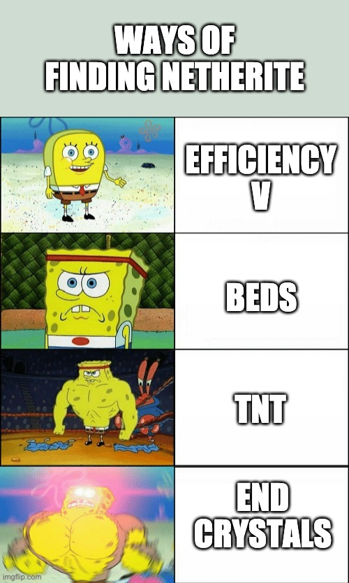 Netherite | WAYS OF FINDING NETHERITE; EFFICIENCY V; BEDS; TNT; END CRYSTALS | image tagged in increasingly buff spongebob | made w/ Imgflip meme maker