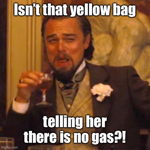 Laughing Leo Meme | Isn’t that yellow bag telling her there is no gas?! | image tagged in memes,laughing leo | made w/ Imgflip meme maker