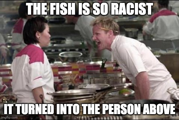 Angry Chef Gordon Ramsay Meme | THE FISH IS SO RACIST; IT TURNED INTO THE PERSON ABOVE | image tagged in memes,angry chef gordon ramsay | made w/ Imgflip meme maker