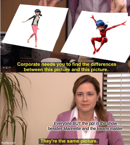 They're The Same Picture | Everyone BUT the ppl in the show besides Marinette and the kwami master | image tagged in memes,they're the same picture | made w/ Imgflip meme maker