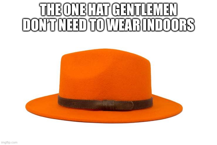 Orange Fedora | THE ONE HAT GENTLEMEN DON’T NEED TO WEAR INDOORS | image tagged in orange fedora | made w/ Imgflip meme maker