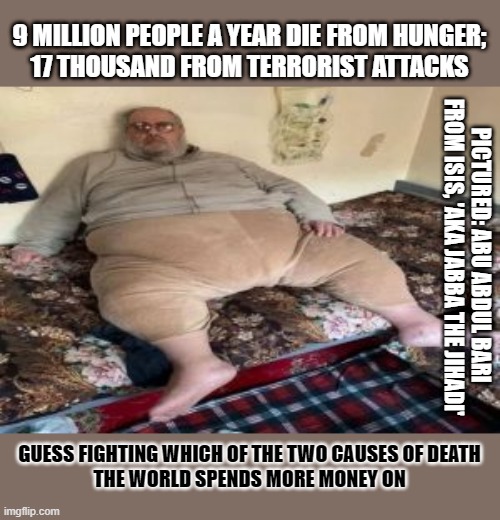 9 Million people a year die from hunger, yet more money goes to fighting terrorism | 9 MILLION PEOPLE A YEAR DIE FROM HUNGER;
17 THOUSAND FROM TERRORIST ATTACKS; PICTURED: ABU ABDUL BARI
 FROM ISIS, 'AKA JABBA THE JIHADI'; GUESS FIGHTING WHICH OF THE TWO CAUSES OF DEATH
THE WORLD SPENDS MORE MONEY ON | image tagged in terrorism,hunger,isis,world hunger,money | made w/ Imgflip meme maker