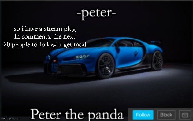 Follow it | so i have a stream plug in comments. the next 20 people to follow it get mod | image tagged in peter_the_panda | made w/ Imgflip meme maker