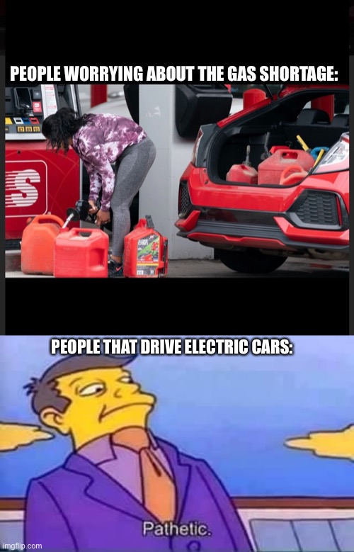 This is their destiny | PEOPLE WORRYING ABOUT THE GAS SHORTAGE:; PEOPLE THAT DRIVE ELECTRIC CARS: | image tagged in skinner pathetic | made w/ Imgflip meme maker