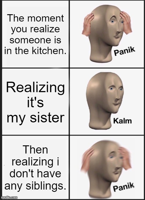 Panik Kalm Panik | The moment you realize someone is in the kitchen. Realizing it's my sister; Then realizing i don't have any siblings. | image tagged in memes,panik kalm panik | made w/ Imgflip meme maker