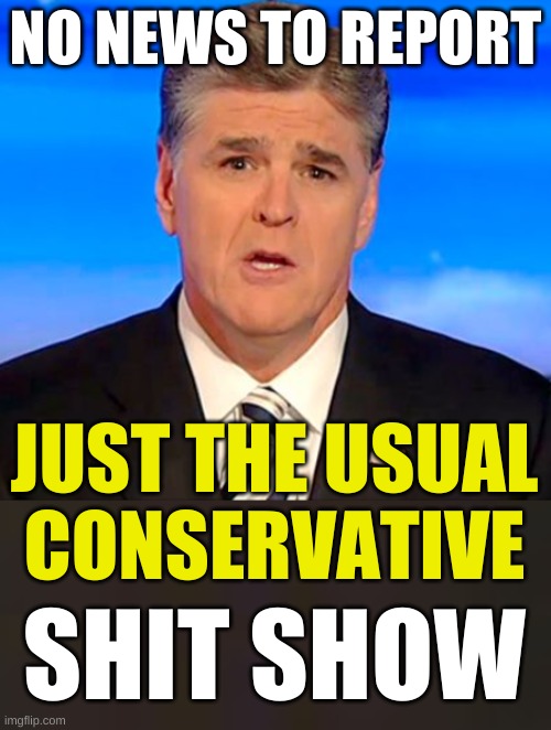 he's right you know | NO NEWS TO REPORT; JUST THE USUAL
CONSERVATIVE; SHIT SHOW | image tagged in sean hannity fox news cropped,conservative hypocrisy,fox news alert,sean hannity,stupid people | made w/ Imgflip meme maker