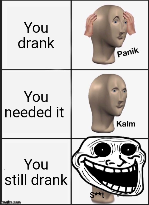 Panik Kalm Panik |  You drank; You needed it; You still drank; S**t | image tagged in memes,panik kalm panik | made w/ Imgflip meme maker