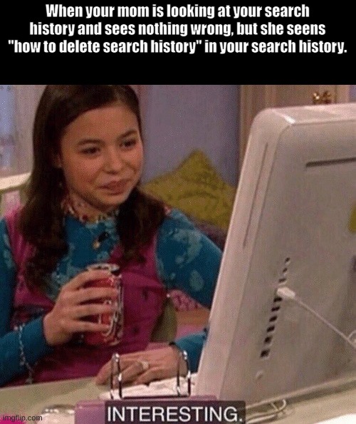 Do you think you might have wanted to delete that to? | When your mom is looking at your search history and sees nothing wrong, but she seens "how to delete search history" in your search history. | image tagged in icarly interesting | made w/ Imgflip meme maker