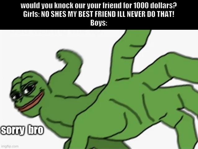 sorry bro | would you knock our your friend for 1000 dollars?
Girls: NO SHES MY BEST FRIEND ILL NEVER DO THAT!
Boys:; sorry  bro | image tagged in pepe punch | made w/ Imgflip meme maker
