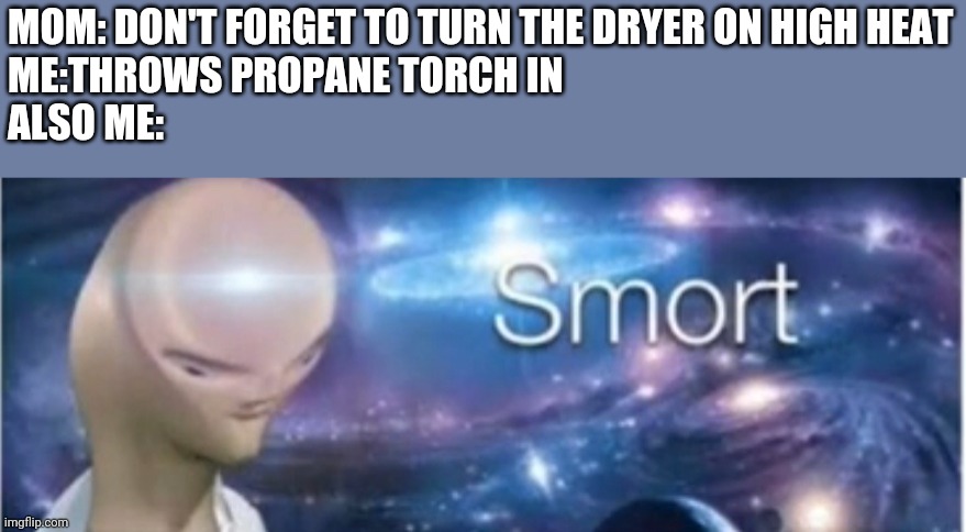 Smort | MOM: DON'T FORGET TO TURN THE DRYER ON HIGH HEAT


ME:THROWS PROPANE TORCH IN
ALSO ME: | image tagged in meme man smort,funny memes | made w/ Imgflip meme maker