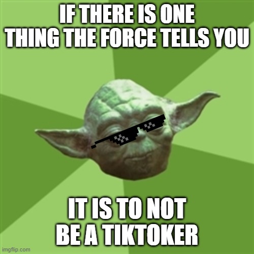 Advice Yoda |  IF THERE IS ONE THING THE FORCE TELLS YOU; IT IS TO NOT BE A TIKTOKER | image tagged in memes,advice yoda | made w/ Imgflip meme maker