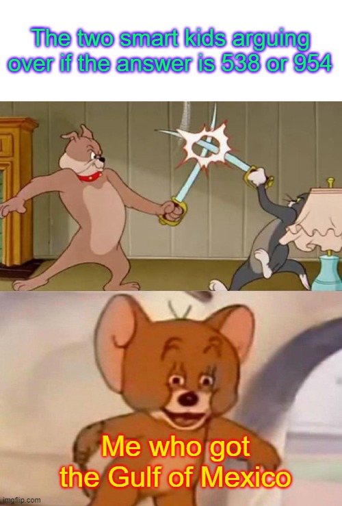 lol | The two smart kids arguing over if the answer is 538 or 954; Me who got the Gulf of Mexico | image tagged in tom and jerry swordfight | made w/ Imgflip meme maker
