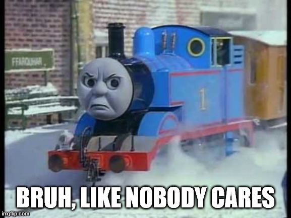 Mean Thomas the train | BRUH, LIKE NOBODY CARES | image tagged in mean thomas the train | made w/ Imgflip meme maker