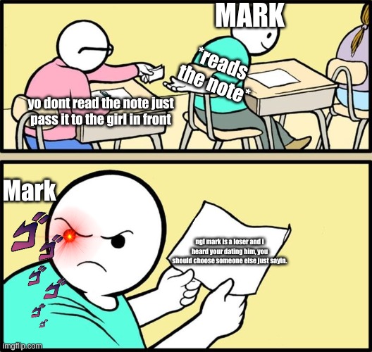 wtf you say? | MARK; *reads the note*; yo dont read the note just pass it to the girl in front; Mark; ngl mark is a loser and i heard your dating him, you should choose someone else just sayin. | image tagged in note passing | made w/ Imgflip meme maker