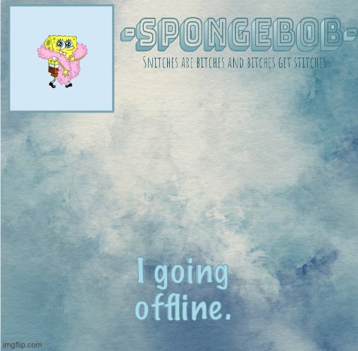 Btw scrub narwhal maze and childcorpse are blocked :) | I going offline. | image tagged in sponge temp | made w/ Imgflip meme maker