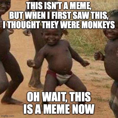 Third World Success Kid | THIS ISN'T A MEME, BUT WHEN I FIRST SAW THIS, I THOUGHT THEY WERE MONKEYS; OH WAIT, THIS IS A MEME NOW | image tagged in memes,third world success kid | made w/ Imgflip meme maker