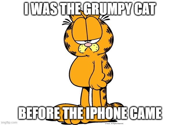 Grumpy Garfield | I WAS THE GRUMPY CAT; BEFORE THE IPHONE CAME | image tagged in grumpy garfield | made w/ Imgflip meme maker