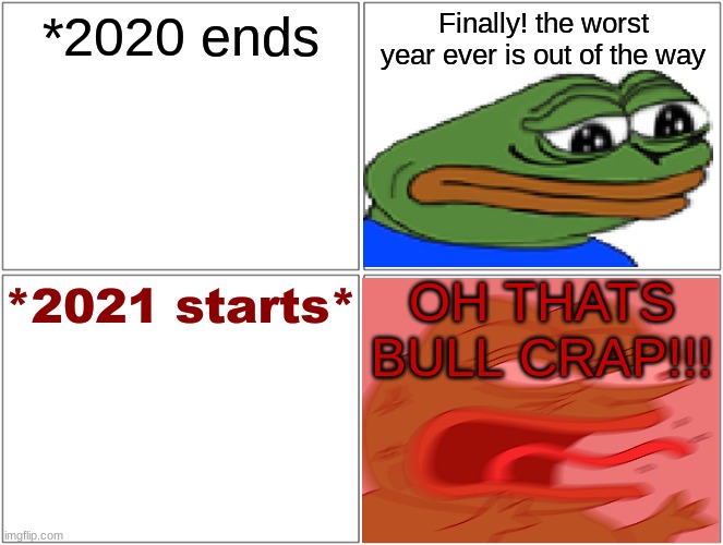 Blank Comic Panel 2x2 Meme | *2020 ends; Finally! the worst year ever is out of the way; OH THATS BULL CRAP!!! *2021 starts* | image tagged in memes,blank comic panel 2x2 | made w/ Imgflip meme maker