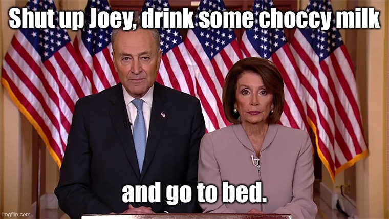Pelosi and Schumer | Shut up Joey, drink some choccy milk and go to bed. | image tagged in pelosi and schumer | made w/ Imgflip meme maker