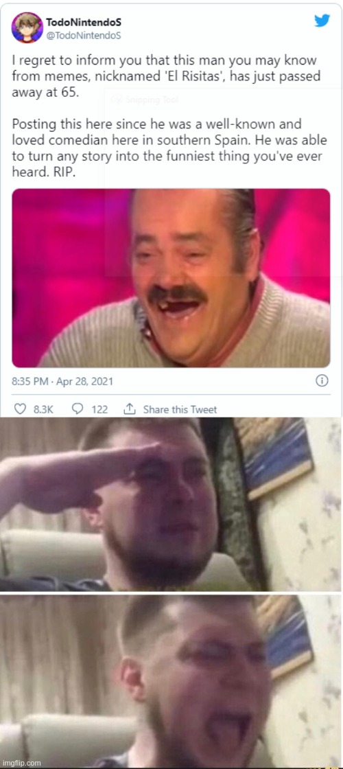 No one will forget you :'( | image tagged in crying salute,sad,el risitas,laugh,goodbye,memes | made w/ Imgflip meme maker